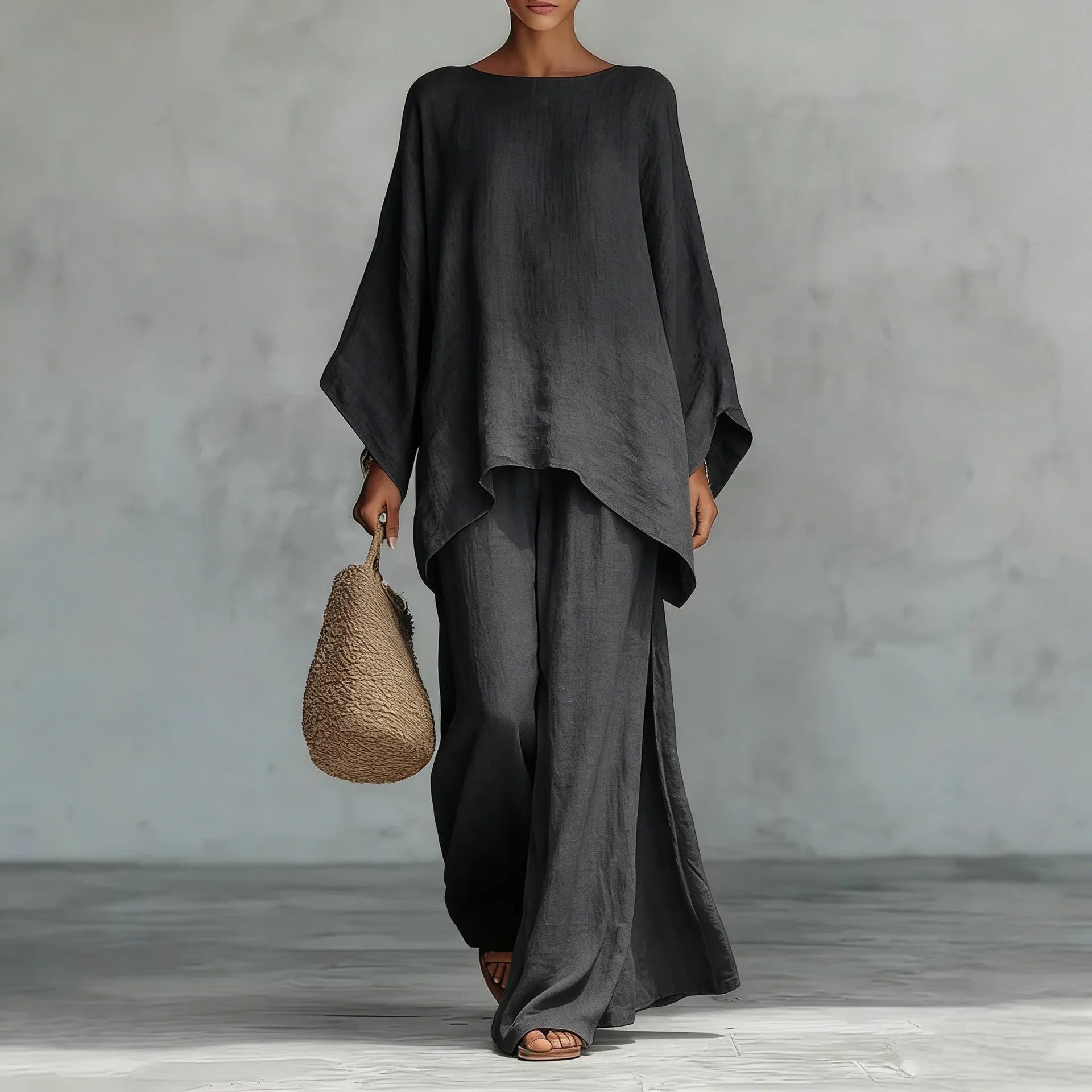 Women's Linen Two-Piece Set Batwing Top Wide Leg Pants Casual Summer Outfit - Victrafia