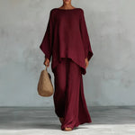 Women's Linen Two-Piece Set Batwing Top Wide Leg Pants Casual Summer Outfit - Victrafia