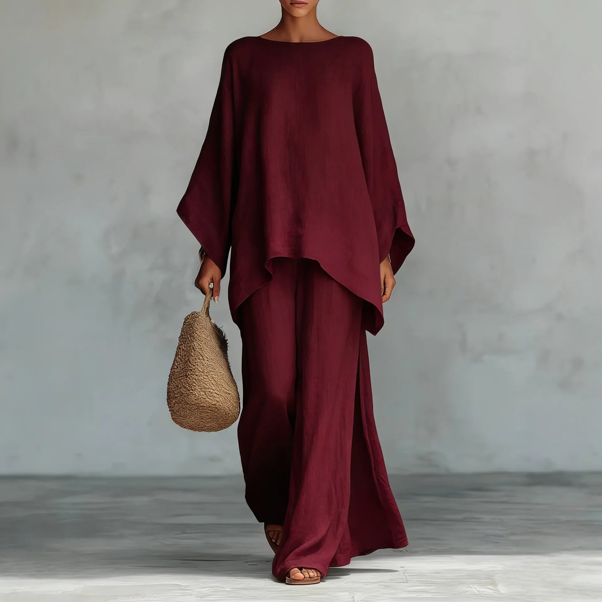 Women's Linen Two-Piece Set Batwing Top Wide Leg Pants Casual Summer Outfit - Victrafia