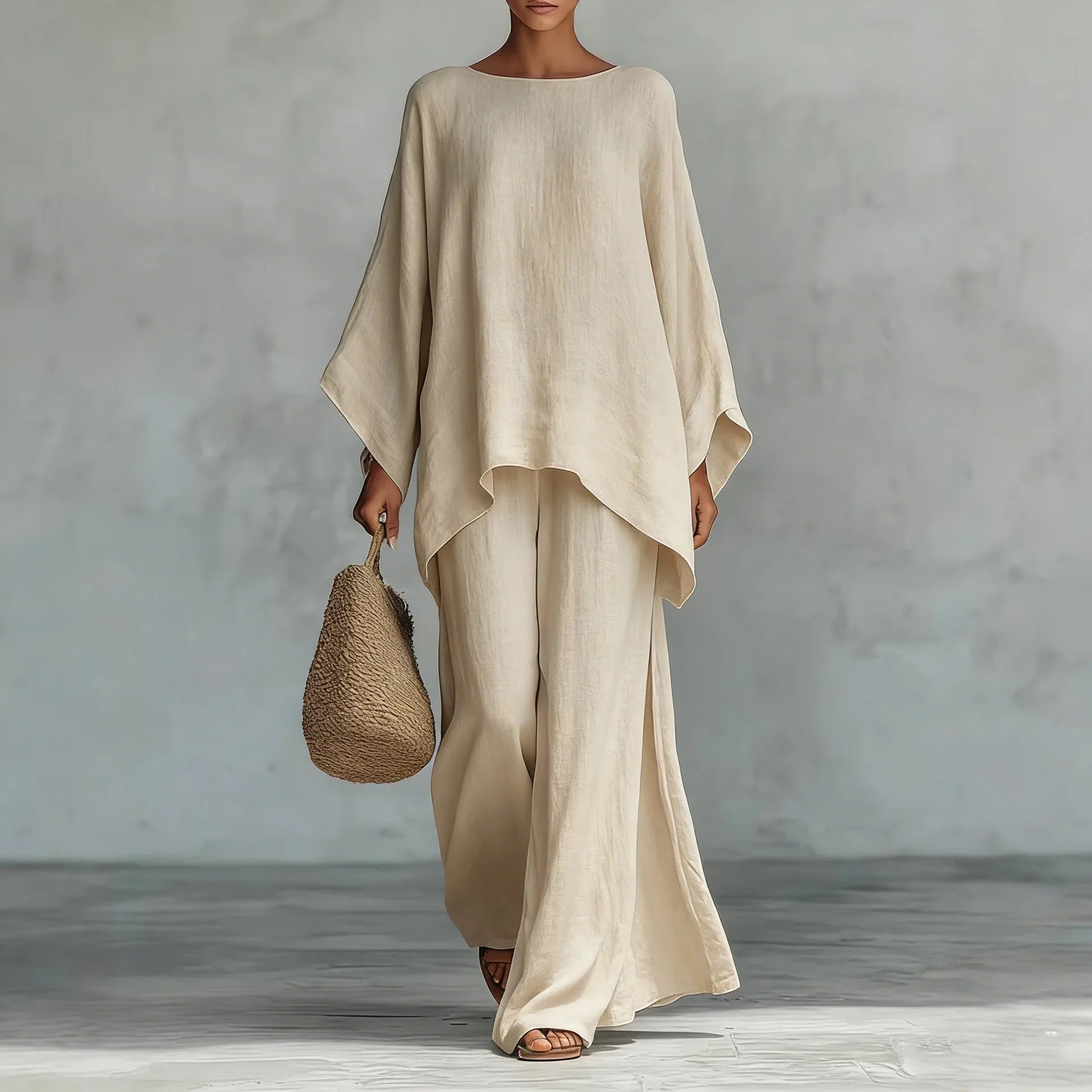 Women's Linen Two-Piece Set Batwing Top Wide Leg Pants Casual Summer Outfit - Victrafia