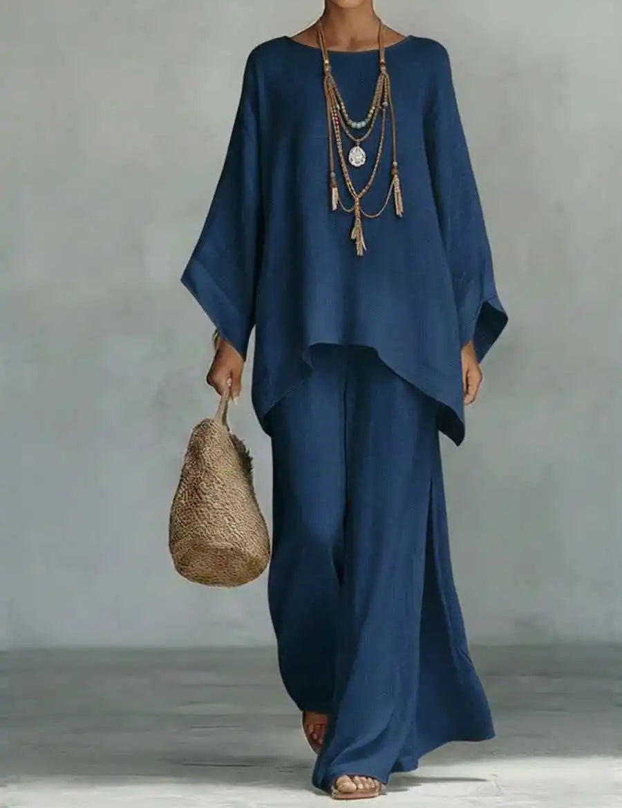 Women's Linen Two-Piece Set Batwing Top Wide Leg Pants Casual Summer Outfit - Victrafia