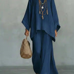 Women's Linen Two-Piece Set Batwing Top Wide Leg Pants Casual Summer Outfit - Victrafia