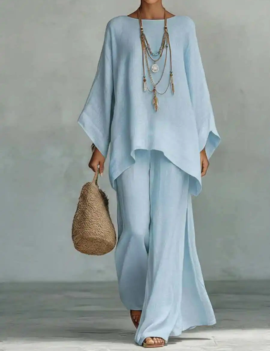 Women's Linen Two-Piece Set Batwing Top Wide Leg Pants Casual Summer Outfit - Victrafia