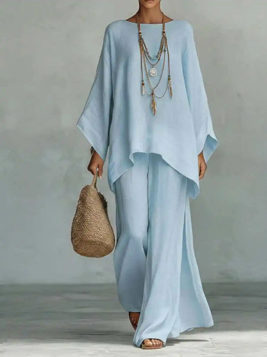 Women's Linen Two-Piece Set Batwing Top Wide Leg Pants Casual Summer Outfit - Victrafia