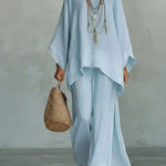Women's Linen Two-Piece Set Batwing Top Wide Leg Pants Casual Summer Outfit - Victrafia