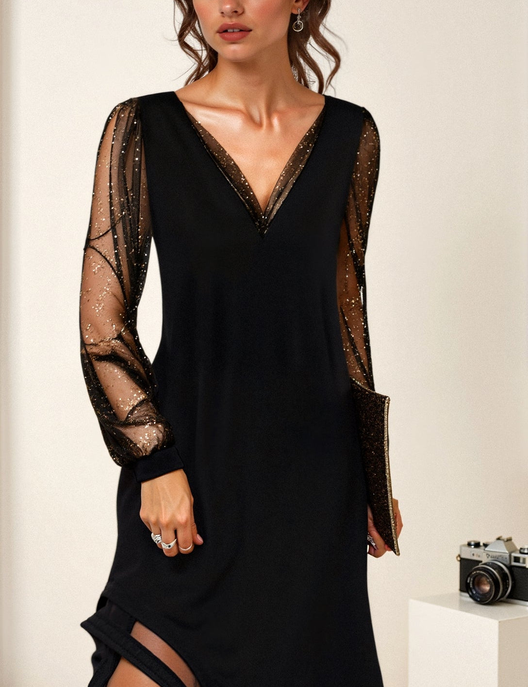 Women's Long Sleeve Mesh Glitter V-Neck Midi Dress Cocktail Evening Party Night Out - Victrafia
