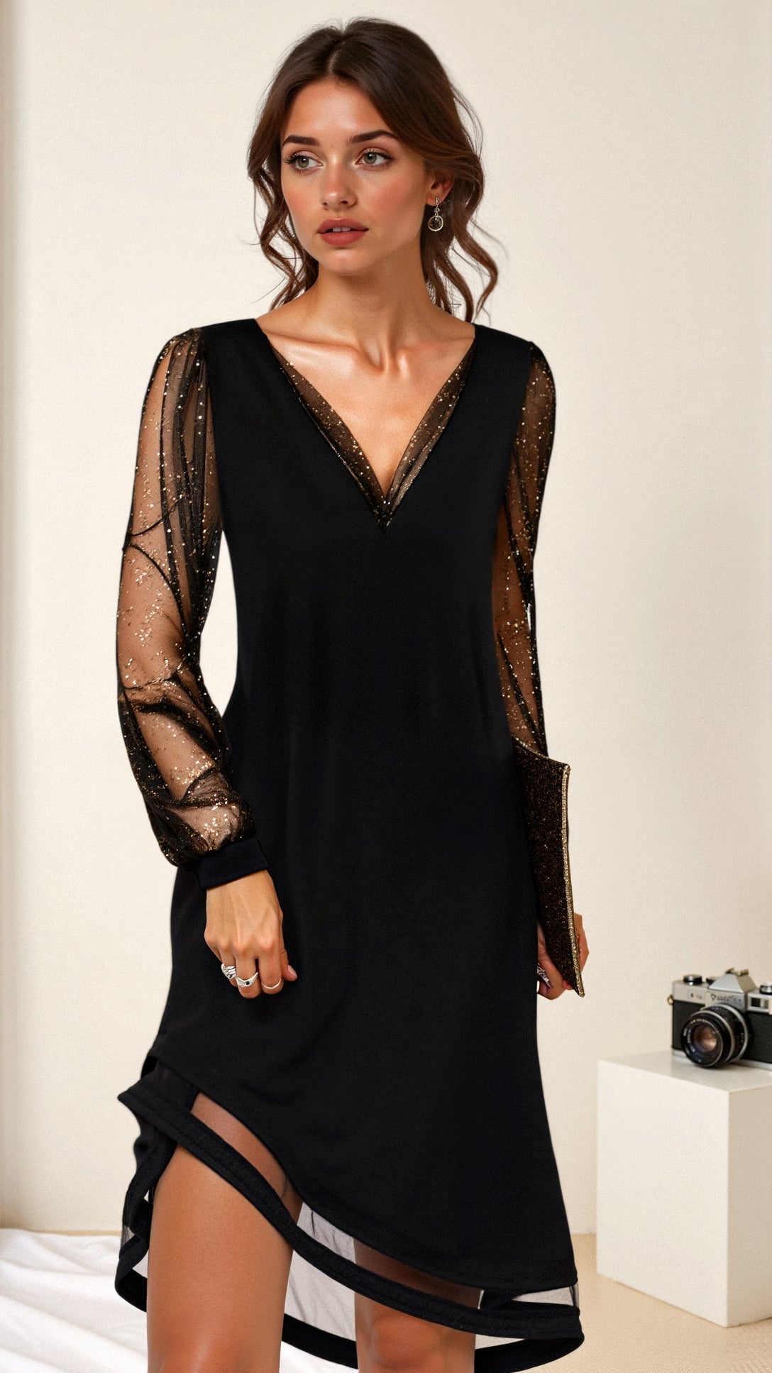 Women's Long Sleeve Mesh Glitter V-Neck Midi Dress Cocktail Evening Party Night Out - Victrafia