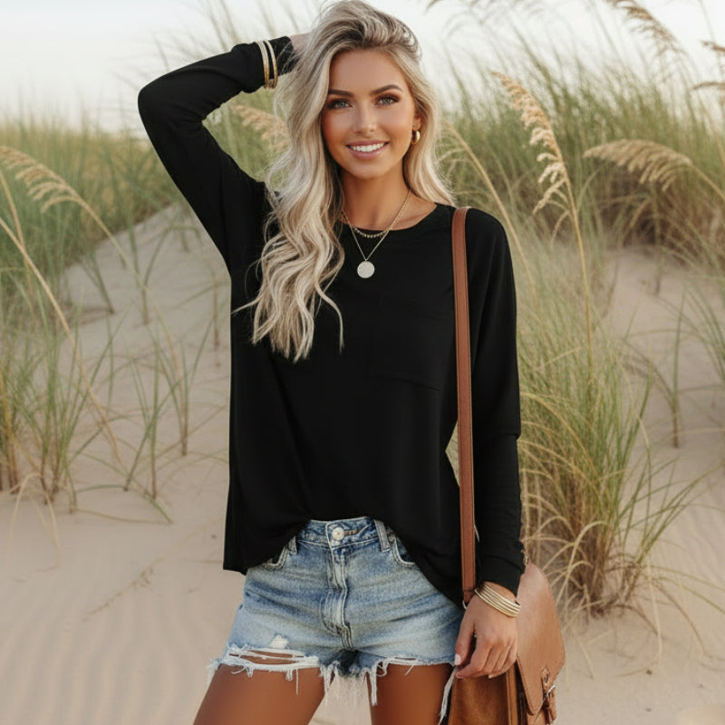 Women's Long Sleeve Relaxed Fit Top Casual Everyday Boho Street Style Shirt with Pocket - Victrafia