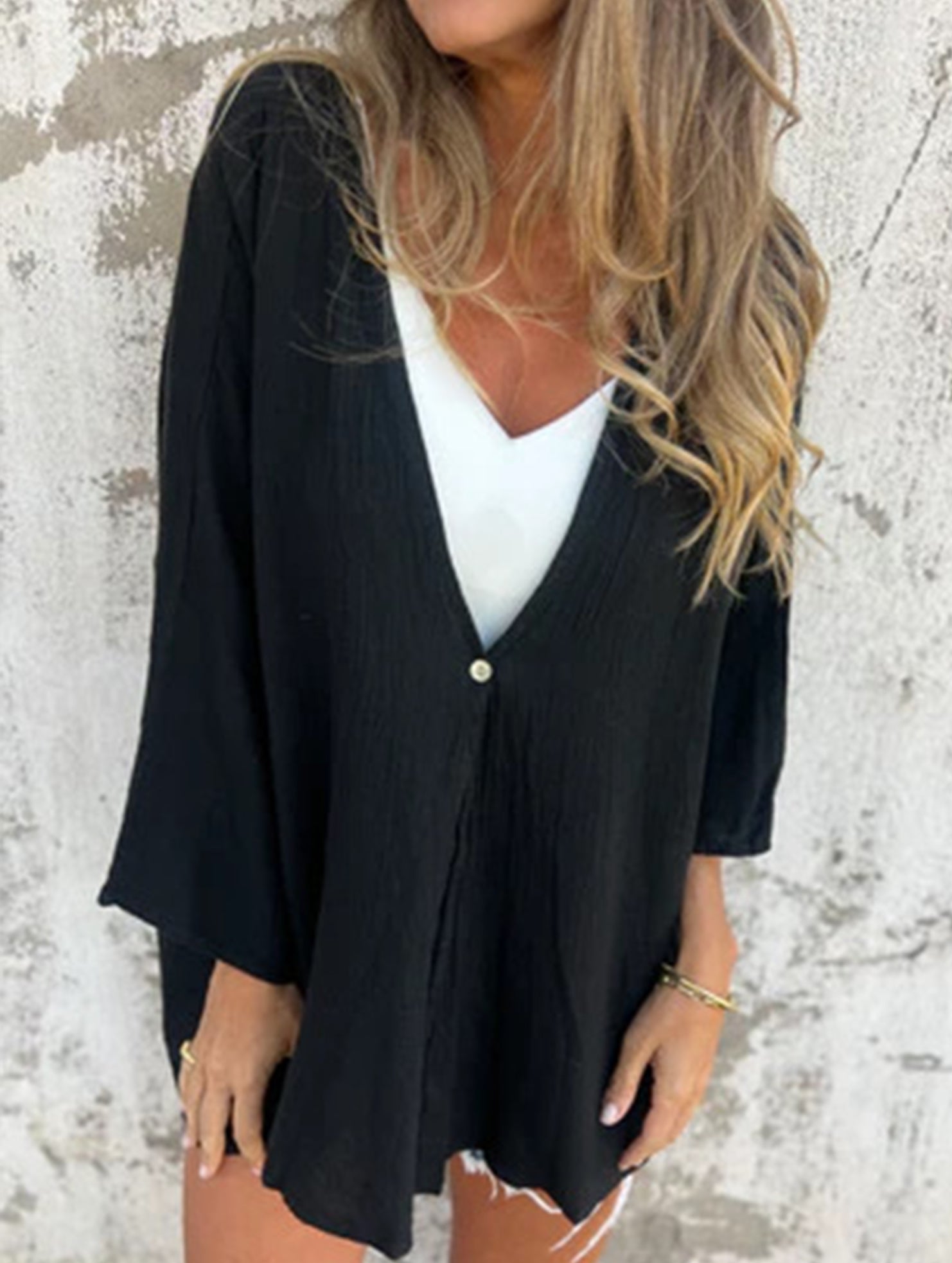 Women's Loose Open Front Cardigan V-Neck Mid-Sleeve Lightweight Casual Layering Top - Victrafia