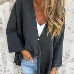 Women's Loose Open Front Cardigan V-Neck Mid-Sleeve Lightweight Casual Layering Top - Victrafia