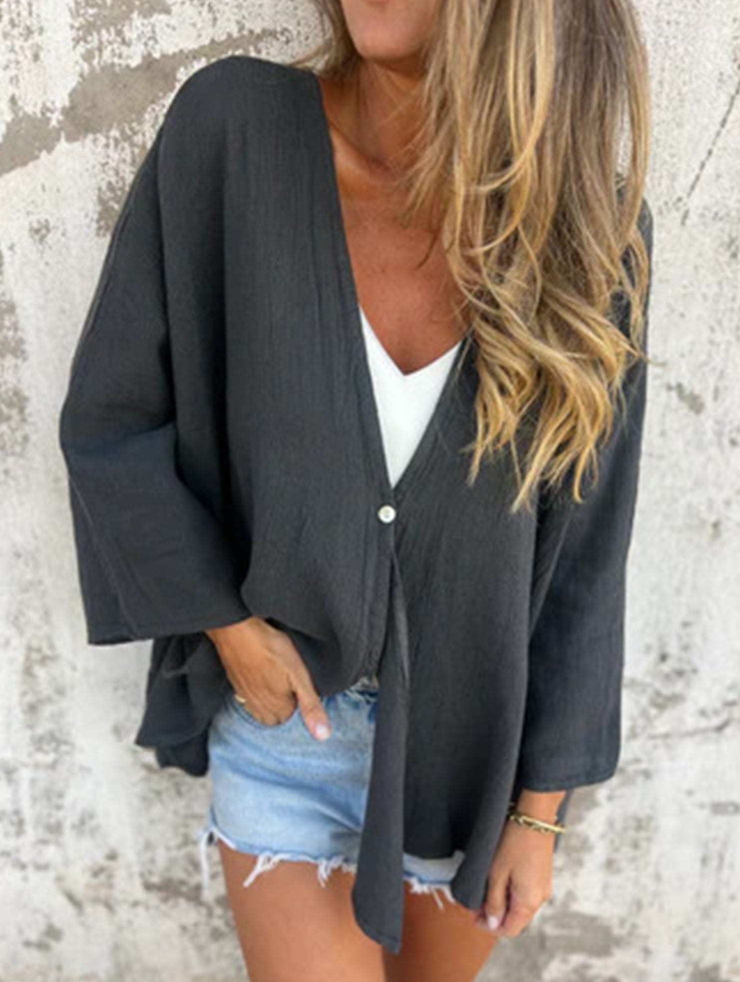 Women's Loose Open Front Cardigan V-Neck Mid-Sleeve Lightweight Casual Layering Top - Victrafia