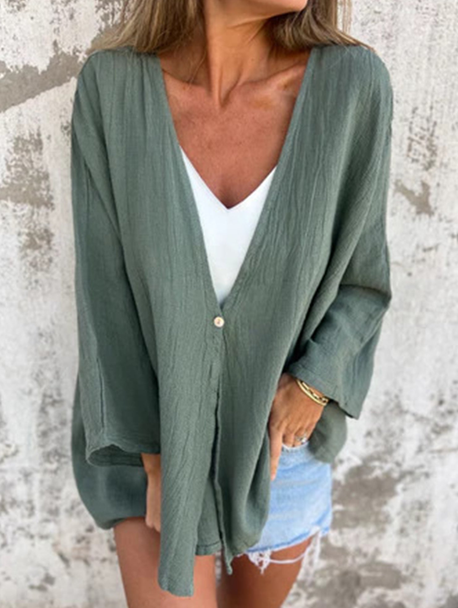 Women's Loose Open Front Cardigan V-Neck Mid-Sleeve Lightweight Casual Layering Top - Victrafia