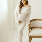 Women's Maternity Maxi Dress Off-Shoulder Long Sleeve Baby Shower Photoshoot - Victrafia