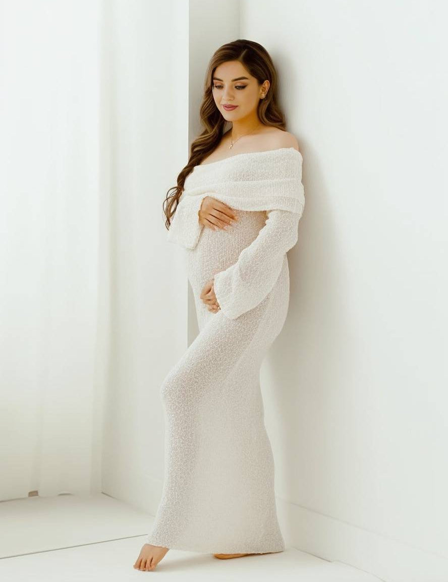 Women's Maternity Maxi Dress Off-Shoulder Long Sleeve Baby Shower Photoshoot - Victrafia