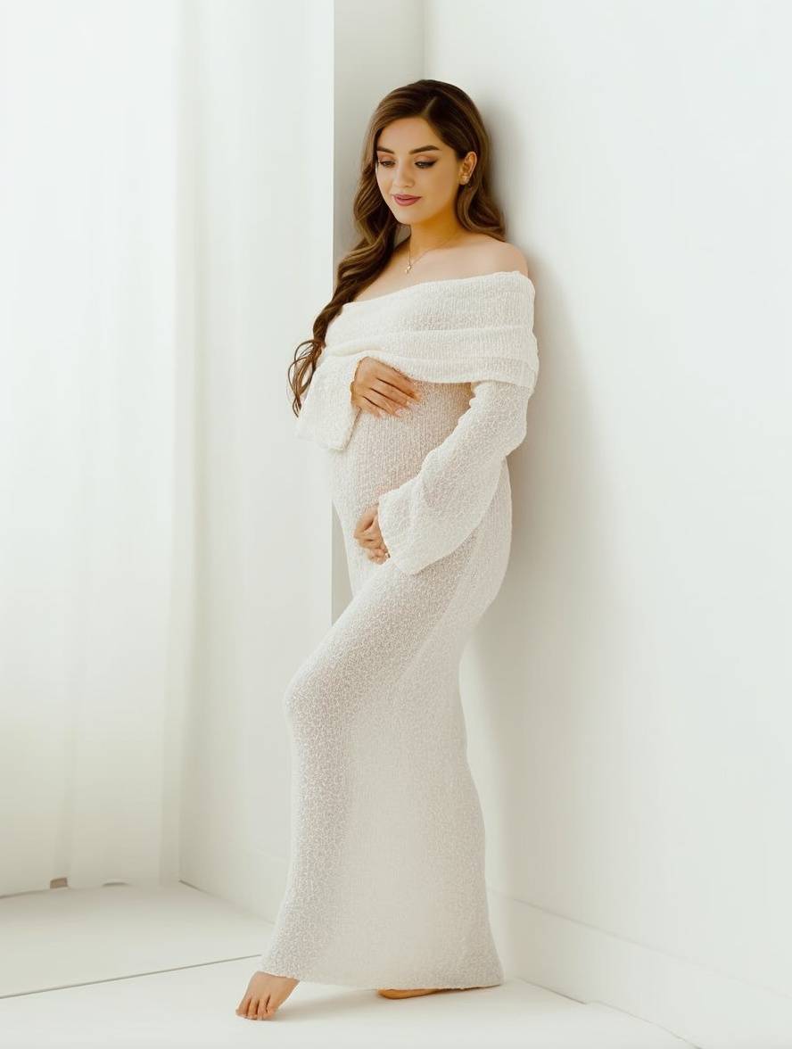 Women's Maternity Maxi Dress Off-Shoulder Long Sleeve Baby Shower Photoshoot - Victrafia