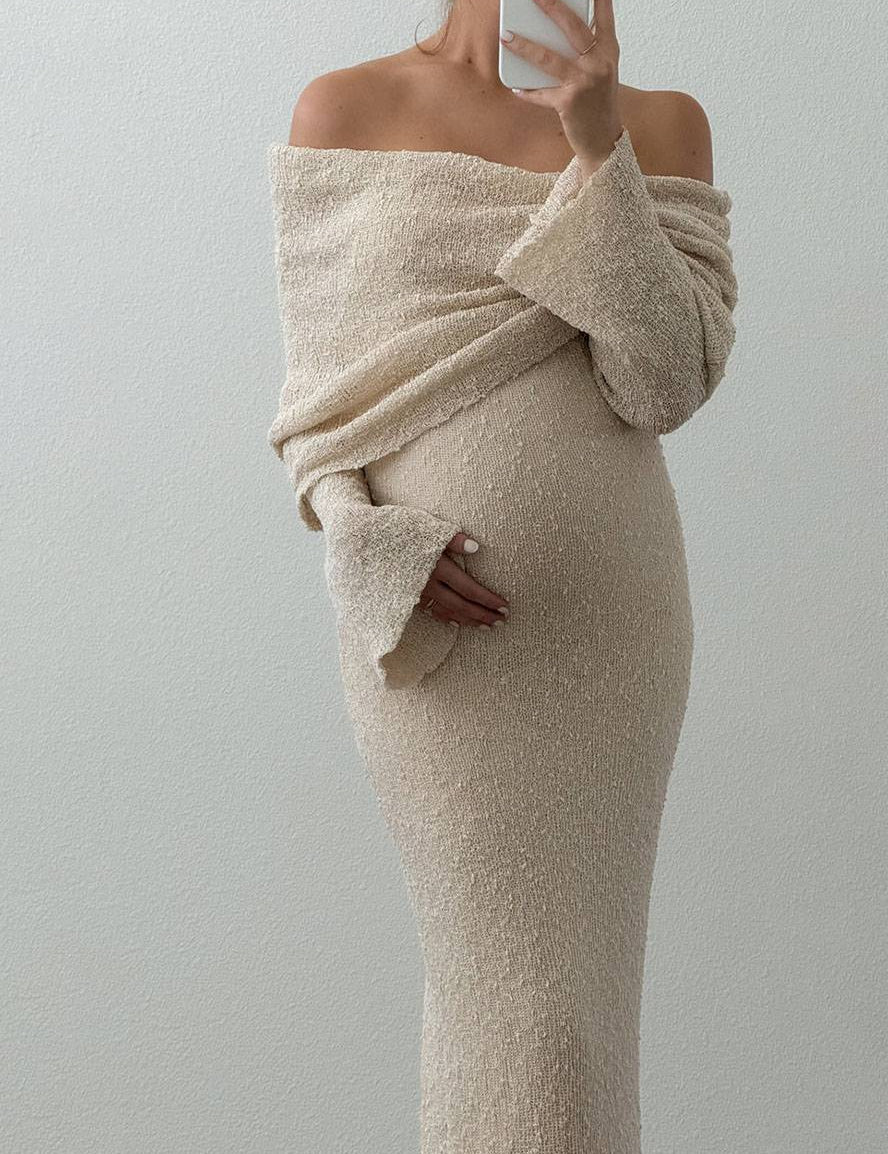 Women's Maternity Maxi Dress Off-Shoulder Long Sleeve Baby Shower Photoshoot - Victrafia