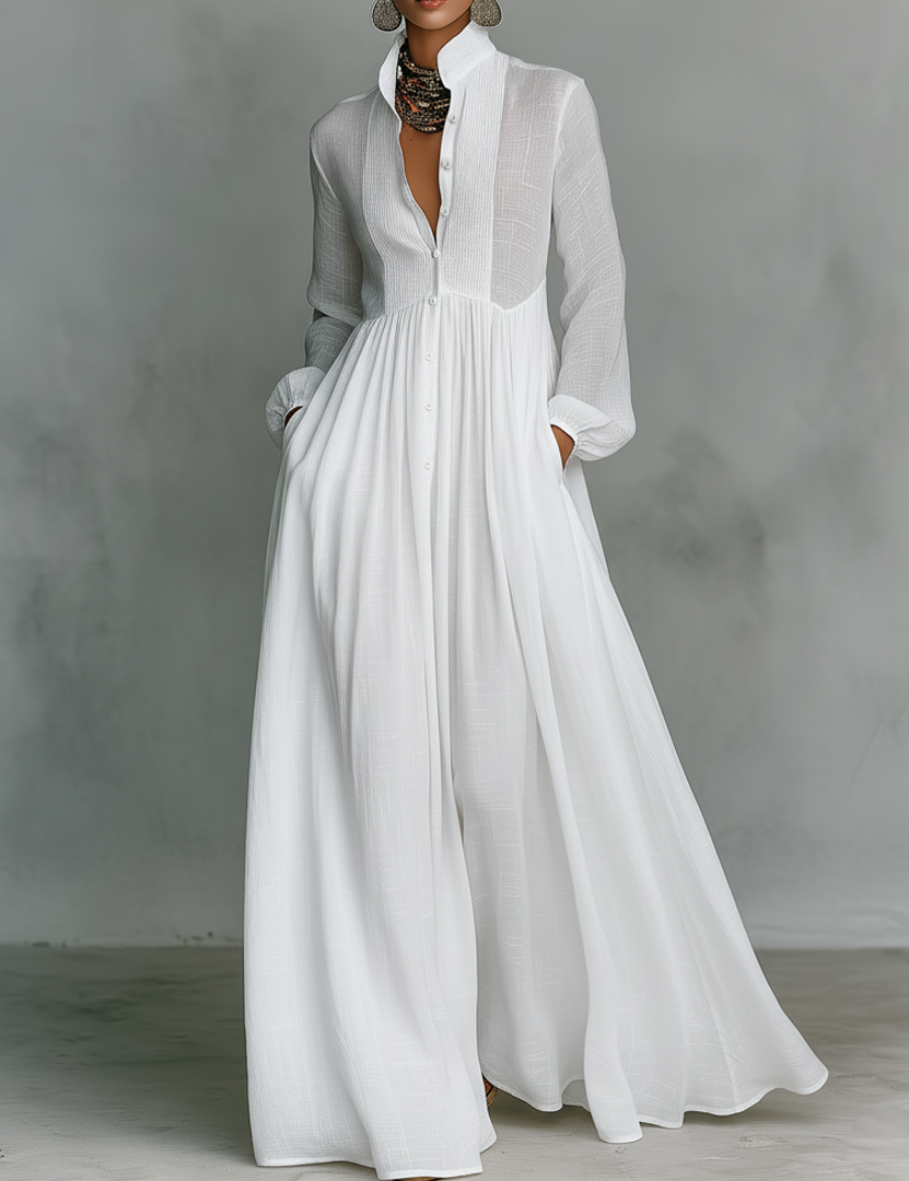 Women's Maxi Dress Long Sleeve Stand Collar Button-Down Flowy Formal Wedding Guest - Victrafia