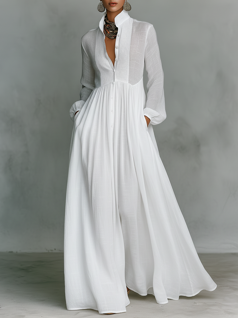 Women's Maxi Dress Long Sleeve Stand Collar Button-Down Flowy Formal Wedding Guest - Victrafia