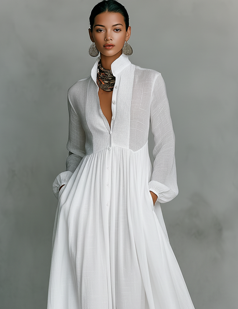 Women's Maxi Dress Long Sleeve Stand Collar Button-Down Flowy Formal Wedding Guest - Victrafia