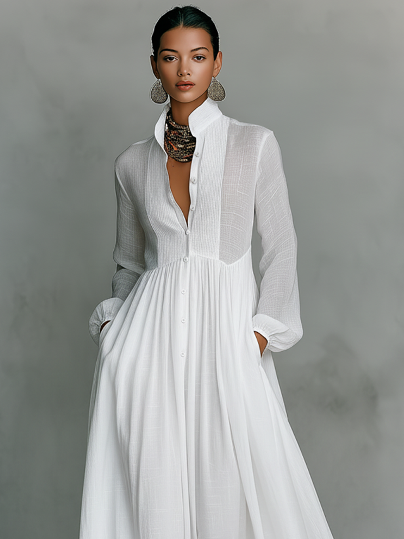 Women's Maxi Dress Long Sleeve Stand Collar Button-Down Flowy Formal Wedding Guest - Victrafia