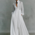 Women's Maxi Dress Long Sleeve Stand Collar Button-Down Flowy Formal Wedding Guest - Victrafia
