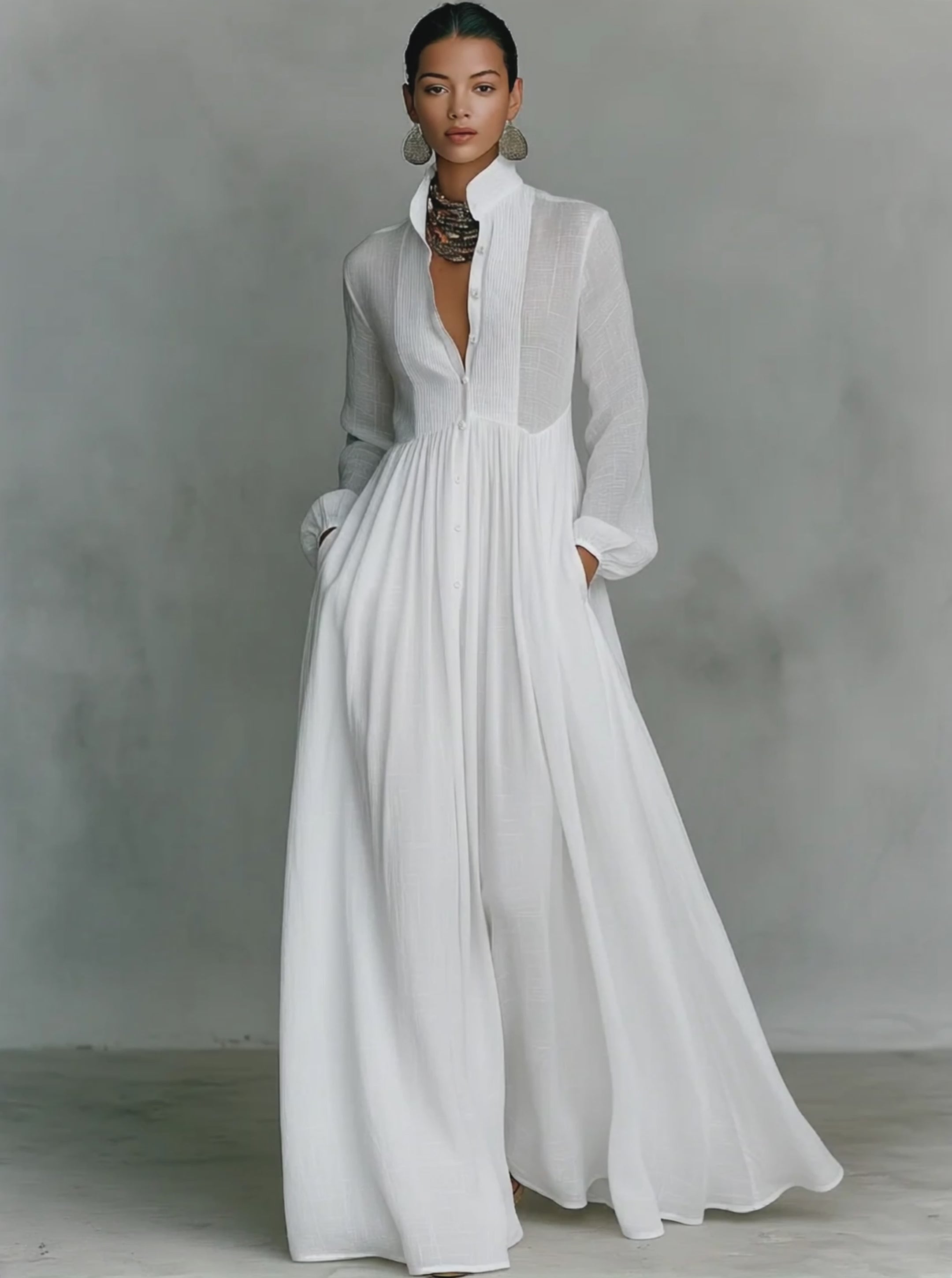Women's Maxi Dress Long Sleeve Stand Collar Button-Down Flowy Formal Wedding Guest - Victrafia