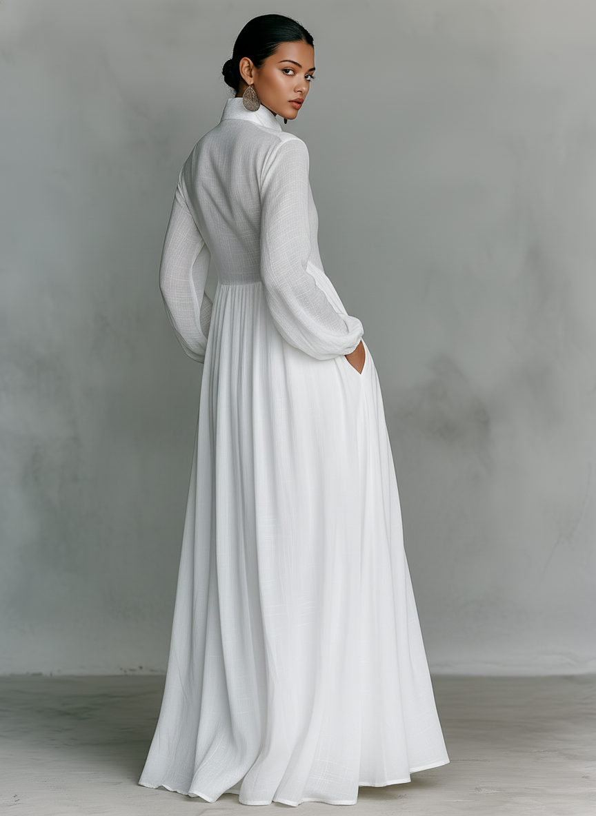 Women's Maxi Dress Long Sleeve Stand Collar Button-Down Flowy Formal Wedding Guest - Victrafia
