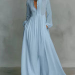 Women's Maxi Dress Long Sleeve Stand Collar Button-Down Flowy Formal Wedding Guest - Victrafia