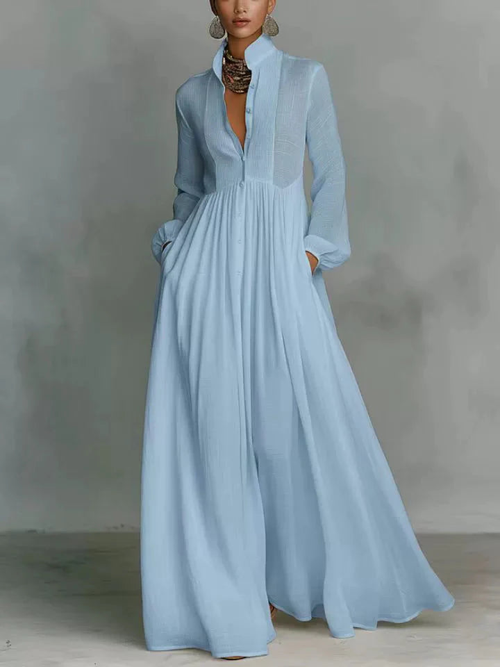 Women's Maxi Dress Long Sleeve Stand Collar Button-Down Flowy Formal Wedding Guest - Victrafia