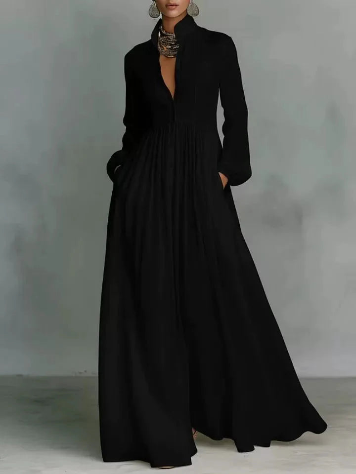 Women's Maxi Dress Long Sleeve Stand Collar Button-Down Flowy Formal Wedding Guest - Victrafia