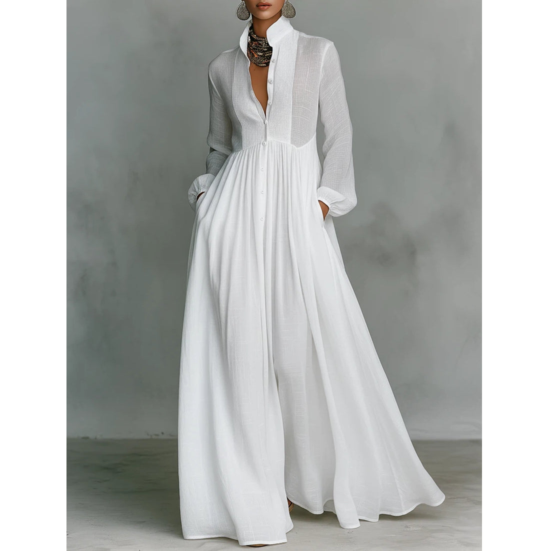 Women's Maxi Dress Long Sleeve Stand Collar Button-Down Flowy Formal Wedding Guest - Victrafia