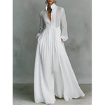 Women's Maxi Dress Long Sleeve Stand Collar Button-Down Flowy Formal Wedding Guest - Victrafia