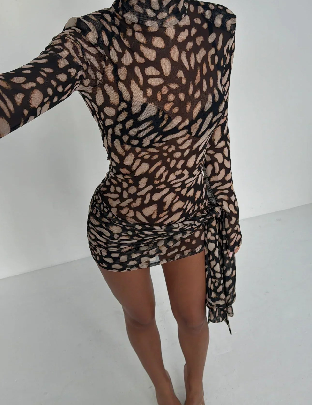 Women's Mesh Mini Dress Long Sleeve High Neck Bodycon Animal Print Party Night Out Club - Victrafia