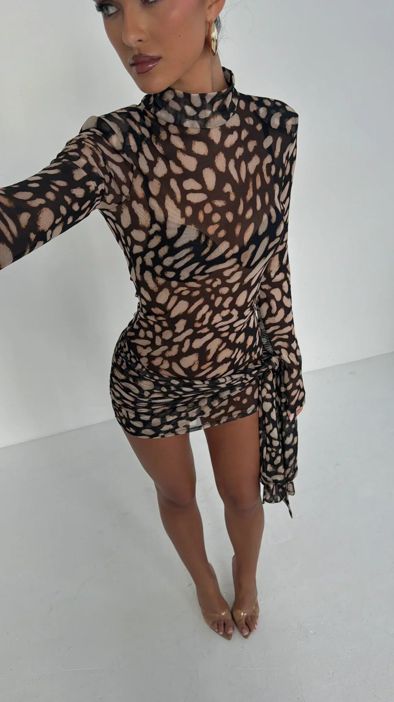 Women's Mesh Mini Dress Long Sleeve High Neck Bodycon Animal Print Party Night Out Club - Victrafia