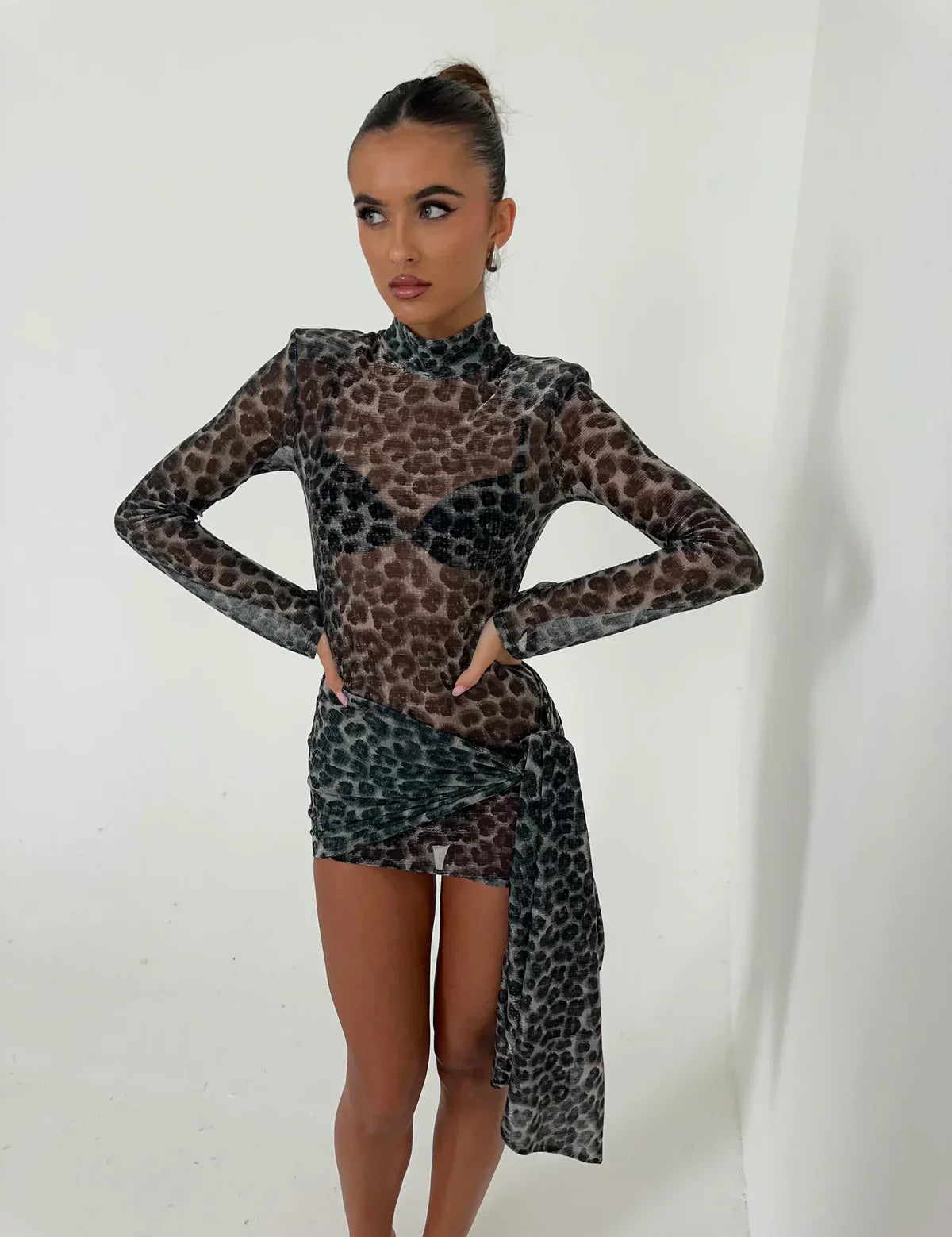 Women's Mesh Mini Dress Long Sleeve High Neck Bodycon Animal Print Party Night Out Club - Victrafia
