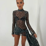 Women's Mesh Mini Dress Long Sleeve High Neck Bodycon Animal Print Party Night Out Club - Victrafia