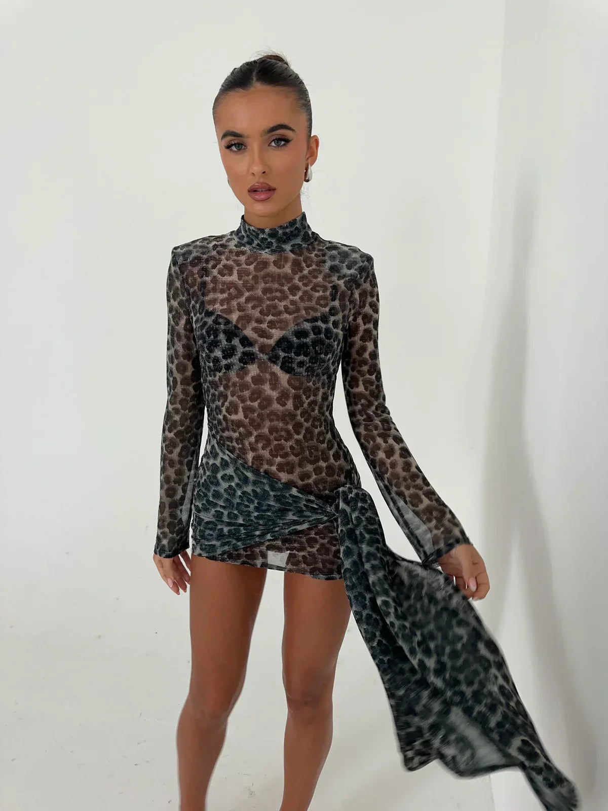 Women's Mesh Mini Dress Long Sleeve High Neck Bodycon Animal Print Party Night Out Club - Victrafia