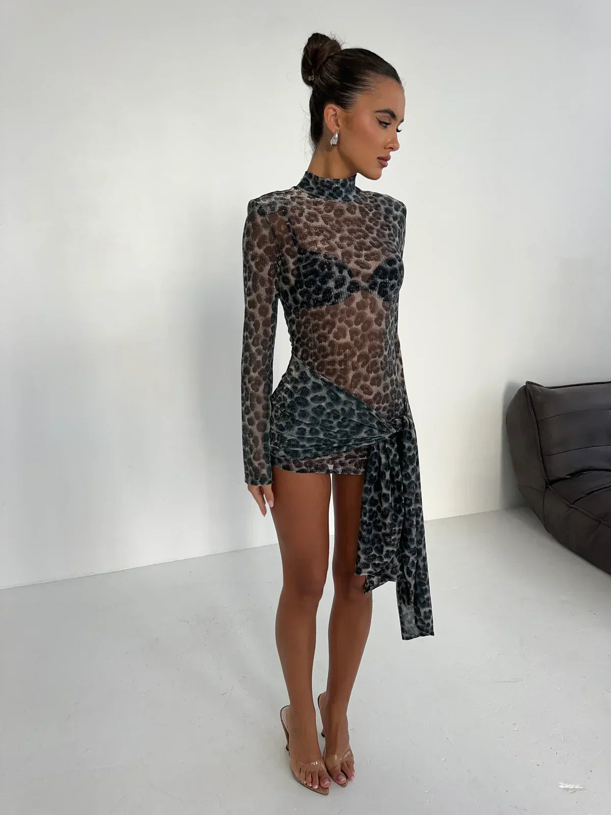 Women's Mesh Mini Dress Long Sleeve High Neck Bodycon Animal Print Party Night Out Club - Victrafia