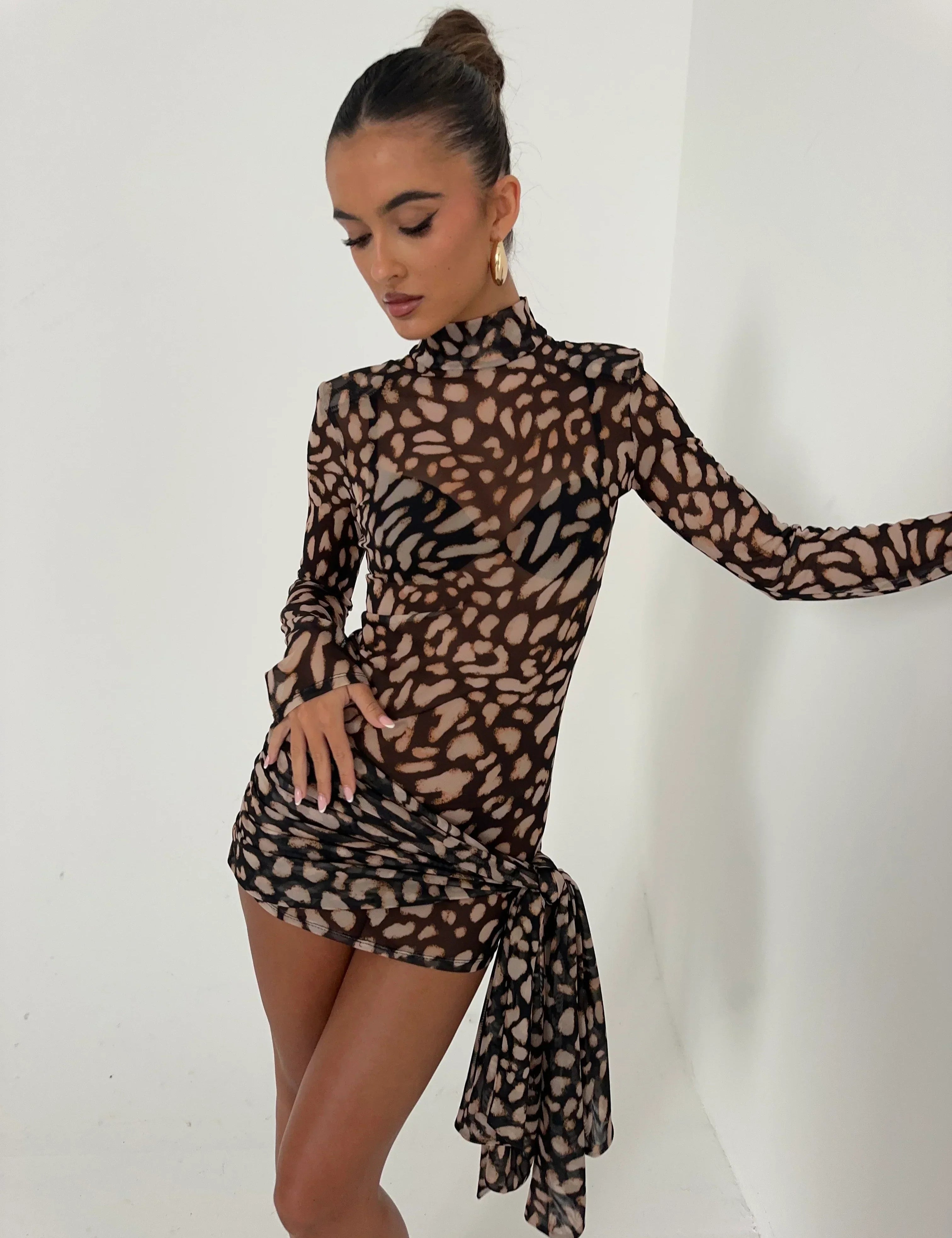 Women's Mesh Mini Dress Long Sleeve High Neck Bodycon Animal Print Party Night Out Club - Victrafia
