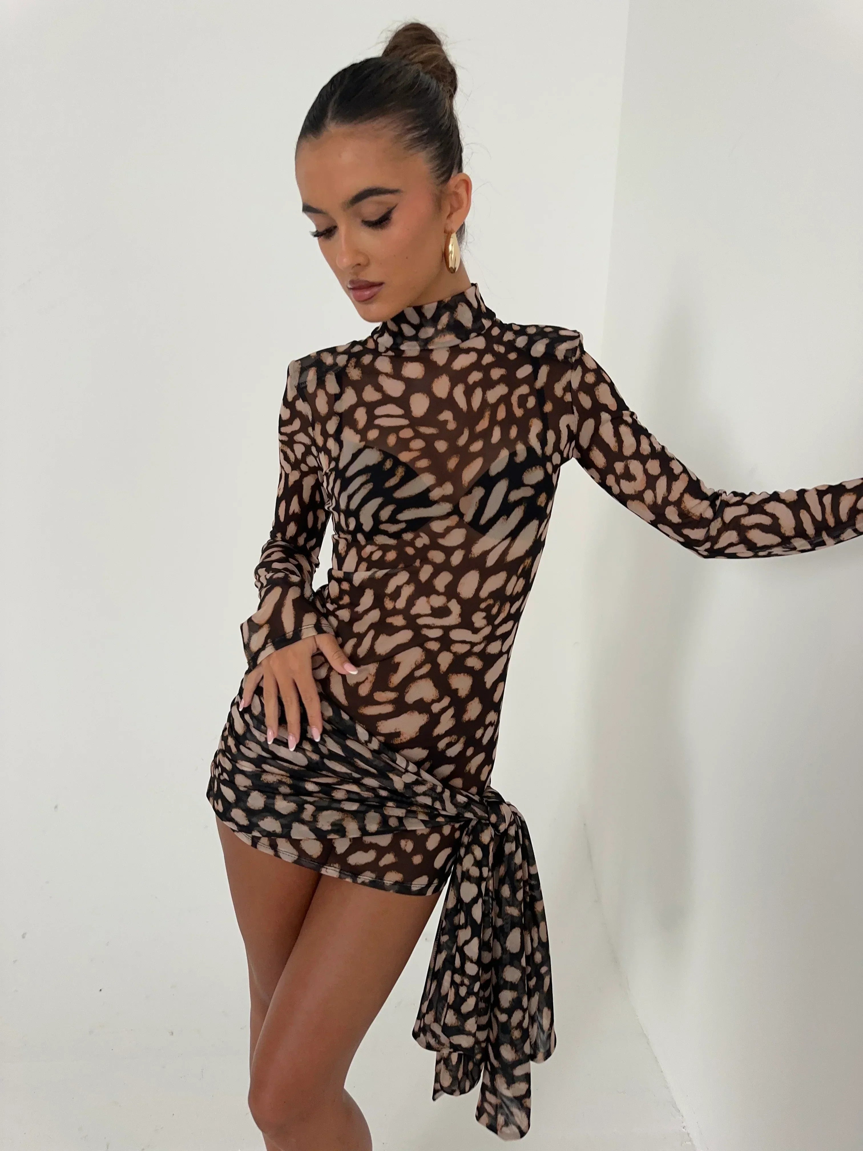 Women's Mesh Mini Dress Long Sleeve High Neck Bodycon Animal Print Party Night Out Club - Victrafia
