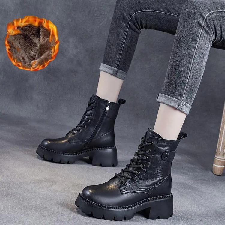 Women's Mid-Calf Platform Boots Chunky Lug Sole Side Zip Casual Leather - Victrafia