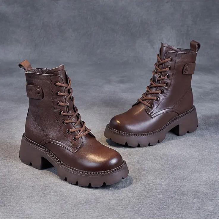 Women's Mid-Calf Platform Boots Chunky Lug Sole Side Zip Casual Leather - Victrafia