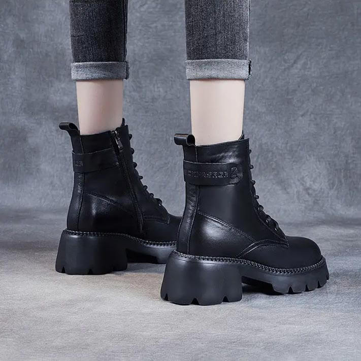 Women's Mid-Calf Platform Boots Chunky Lug Sole Side Zip Casual Leather - Victrafia