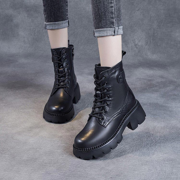 Women's Mid-Calf Platform Boots Chunky Lug Sole Side Zip Casual Leather - Victrafia