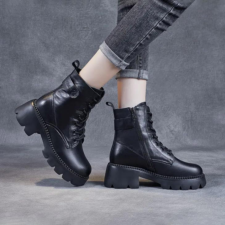 Women's Mid-Calf Platform Boots Chunky Lug Sole Side Zip Casual Leather - Victrafia