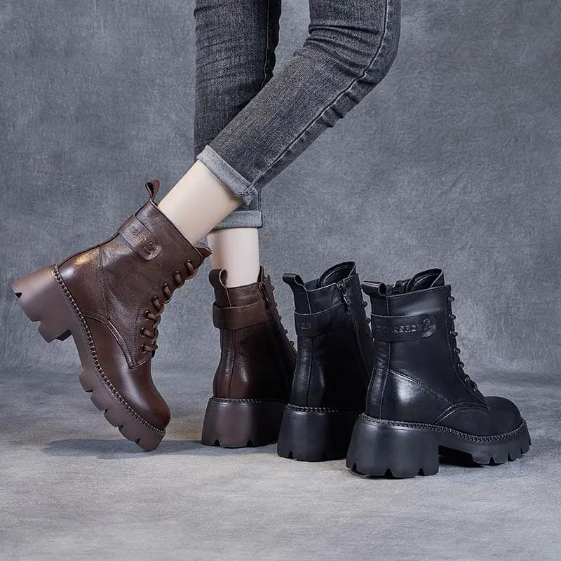 Women's Mid-Calf Platform Boots Chunky Lug Sole Side Zip Casual Leather - Victrafia