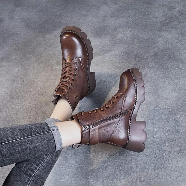 Women's Mid-Calf Platform Boots Chunky Lug Sole Side Zip Casual Leather - Victrafia