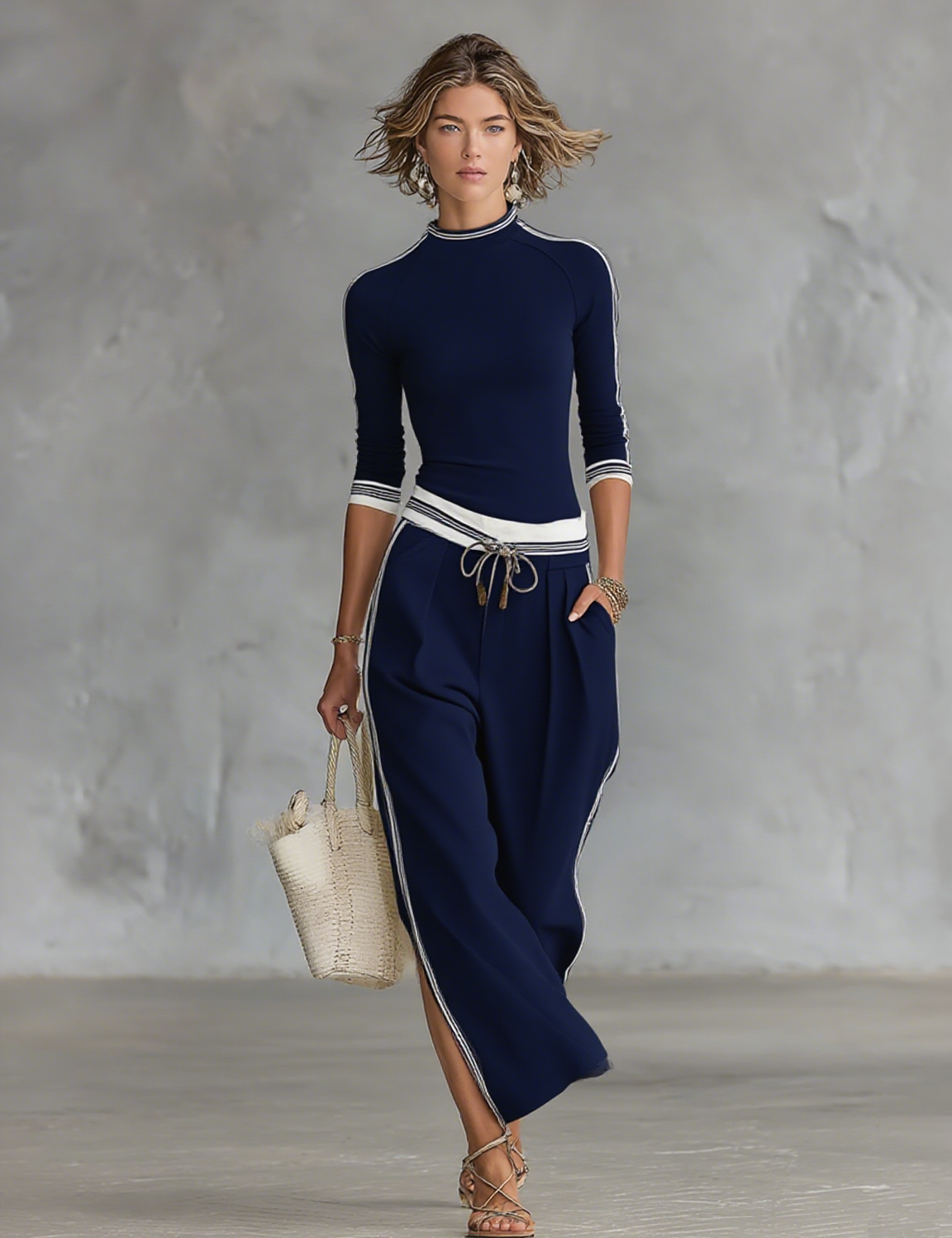Women's Mock Neck Long Sleeve Top Wide-Leg Pants Two-Piece Set Athleisure Casual Outfit - Victrafia