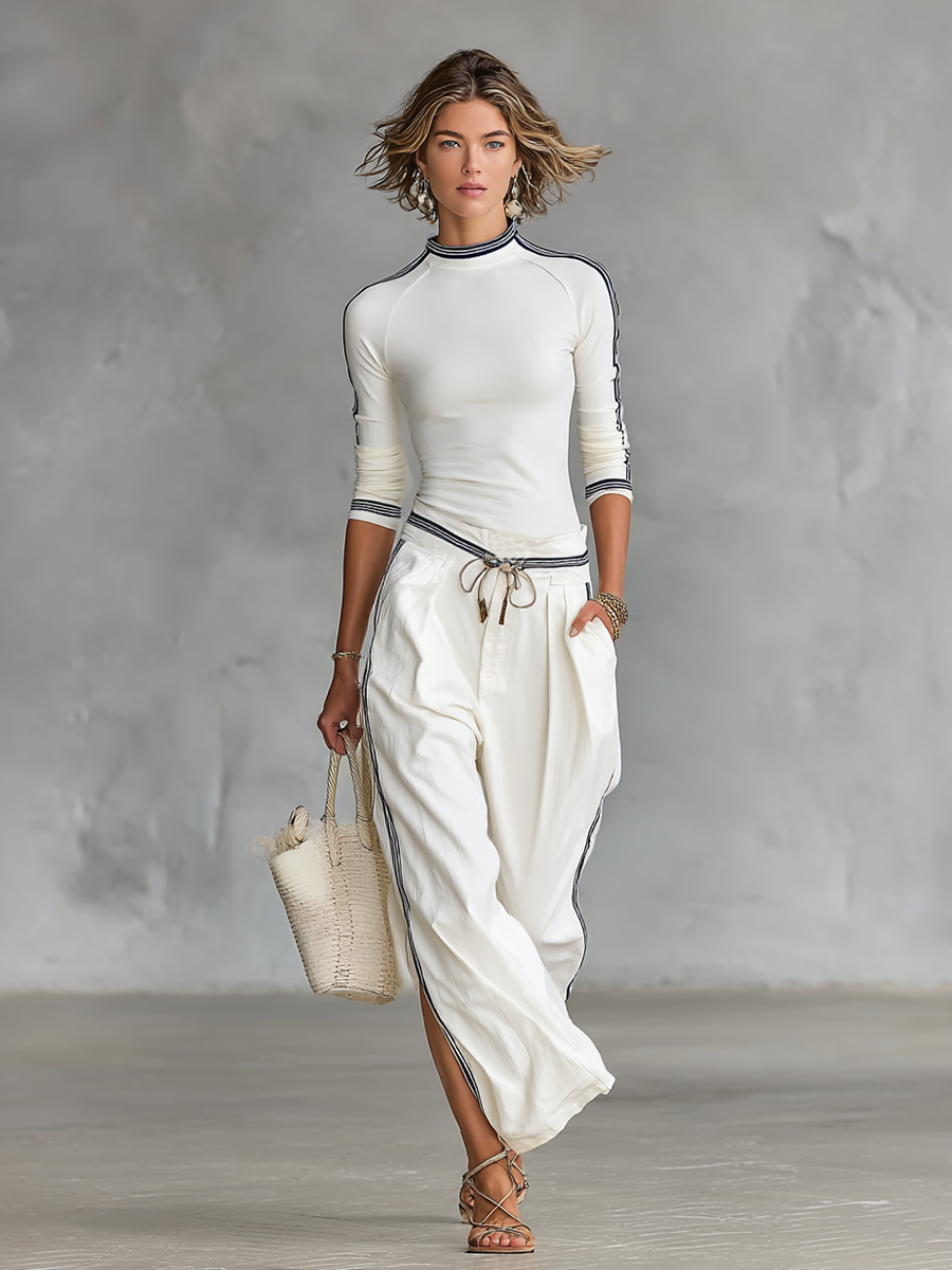 Women's Mock Neck Long Sleeve Top Wide-Leg Pants Two-Piece Set Athleisure Casual Outfit - Victrafia