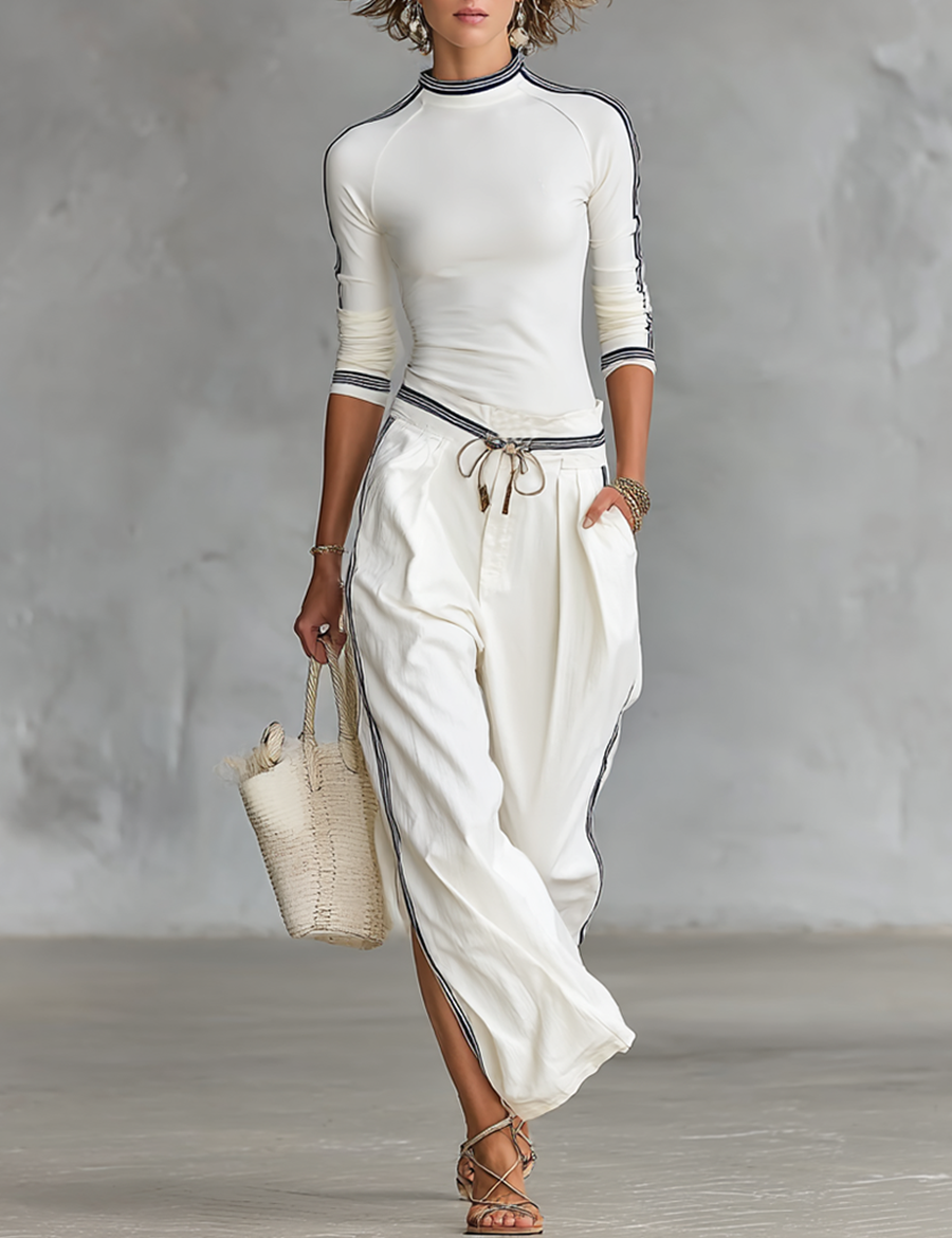 Women's Mock Neck Long Sleeve Top Wide-Leg Pants Two-Piece Set Athleisure Casual Outfit - Victrafia